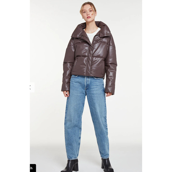 Apparis Jemma Puffer Jacket Cocoa Faux Leather Full Zip Funnel Neck Sz XL - Picture 4 of 16